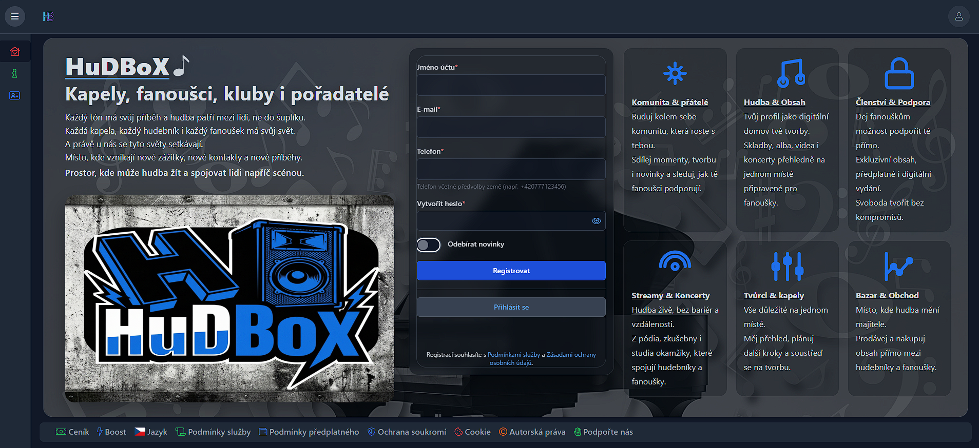 Komunitní síť HuDBoX - náhled webu